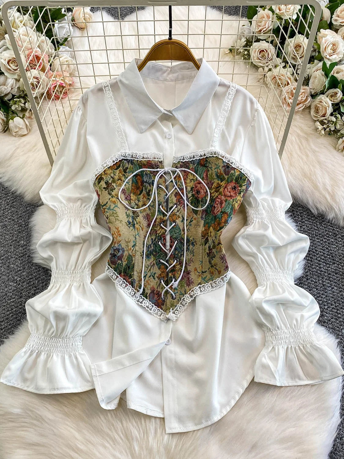 Retro Lace Patchwork Bouffant Sve Slimming Belted Sweet Sle Lantern Sve irt Set Women's Casual Faion Top