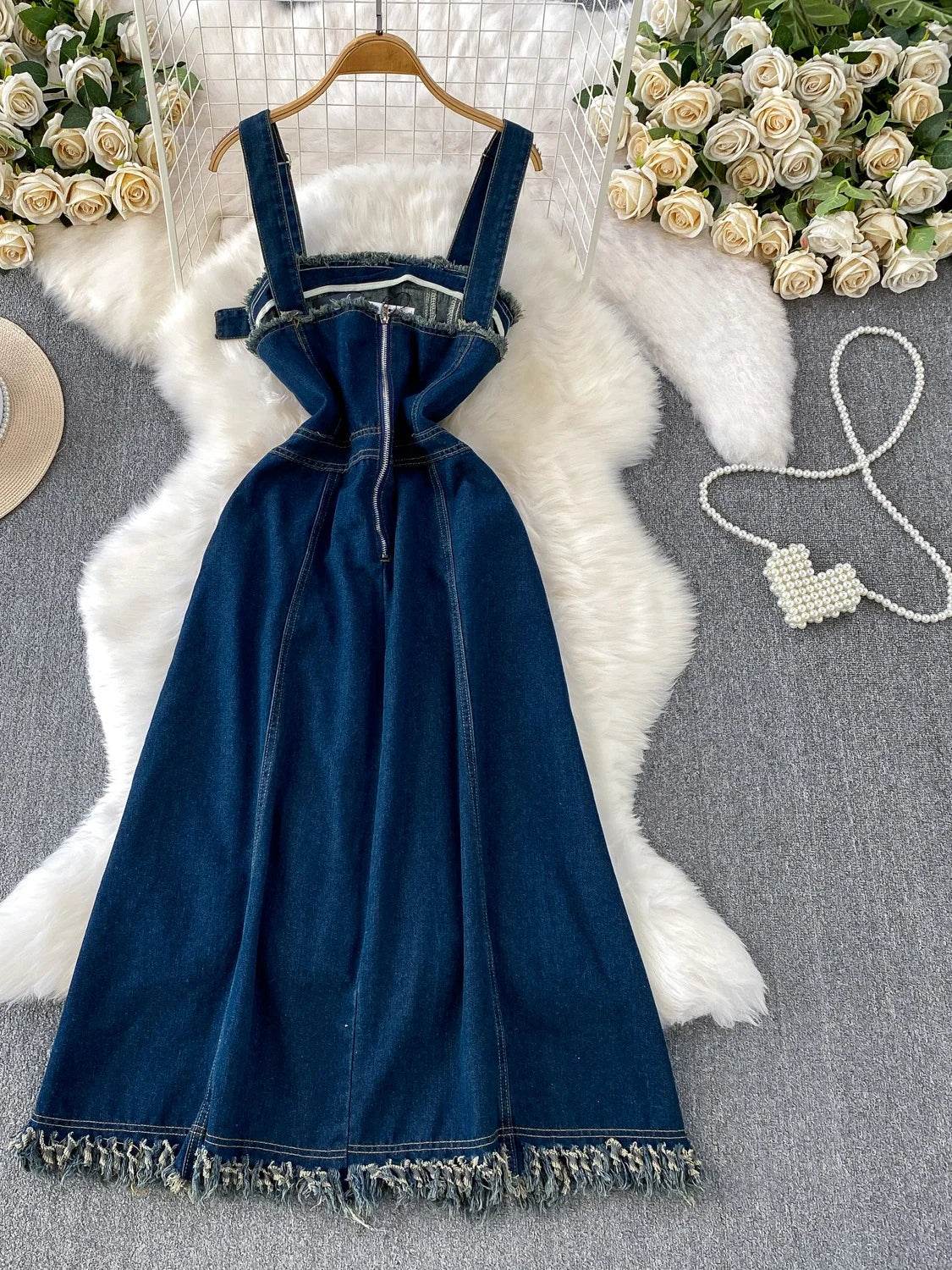 Hong Kong Sle Adjustable Strap Denim Dr Women's Autumn Winter Long Tassel Skirt High Waist A-Line Dr Casual Loose Fit