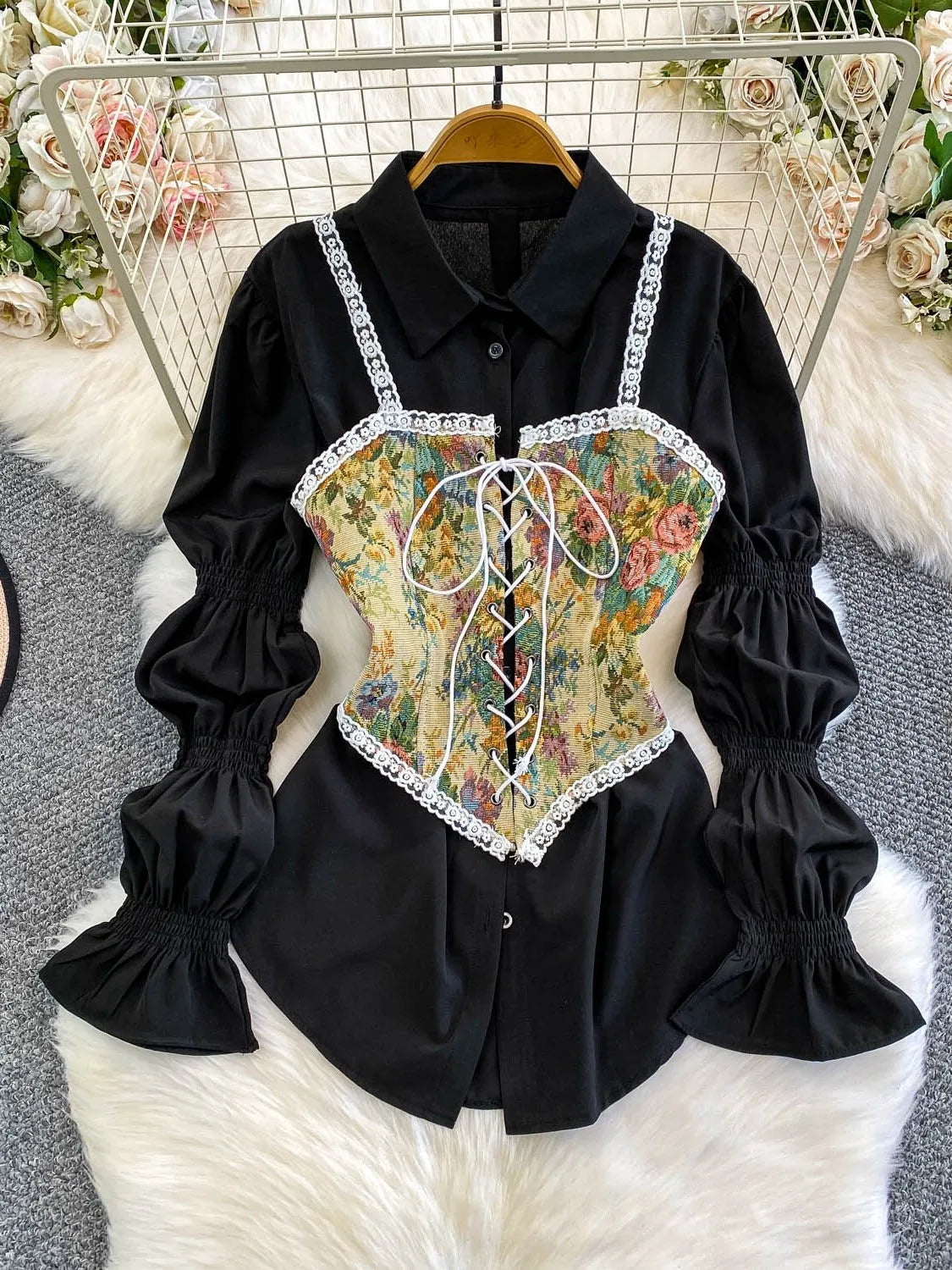 Retro Lace Patchwork Bouffant Sve Slimming Belted Sweet Sle Lantern Sve irt Set Women's Casual Faion Top