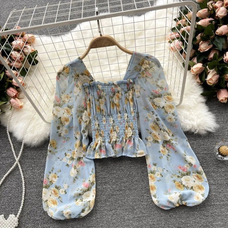 French Sweet Floral Print Chiffon Top Early Autumn 2025 New Women Slimming Bubble Lantern Sleeve Short Style Women's Blouse