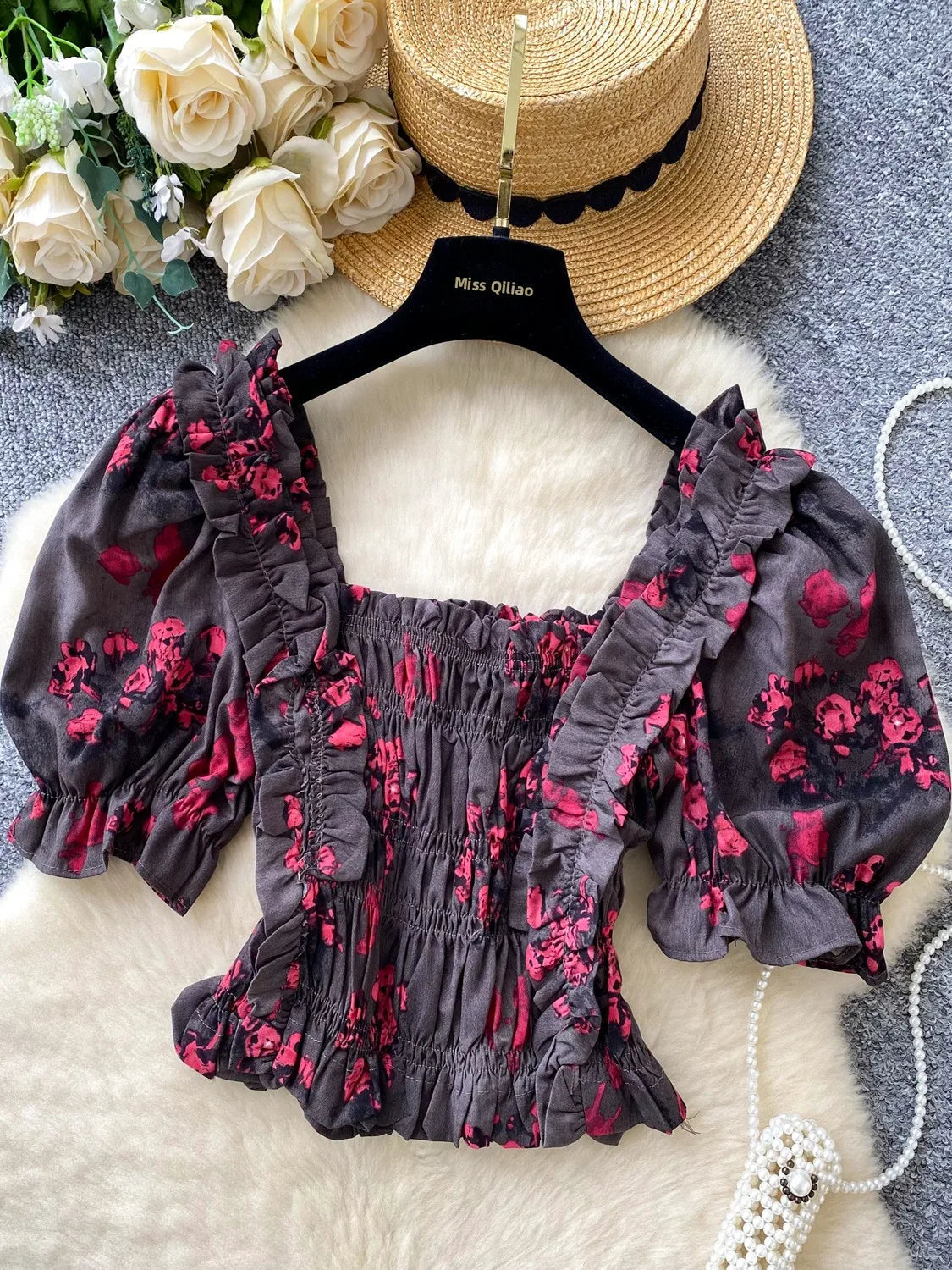 Romantic Aosphere Bubble Sve ort Design Women's irt Vintage Street Sle Polyester Fiber Korean Version Casual irt