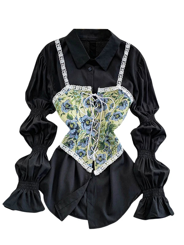 Retro Lace Patchwork Bell Sve irt Set Sweet Sle Slimming Waist Design Strap Top Versatile Long Sve Printed Casual Wear