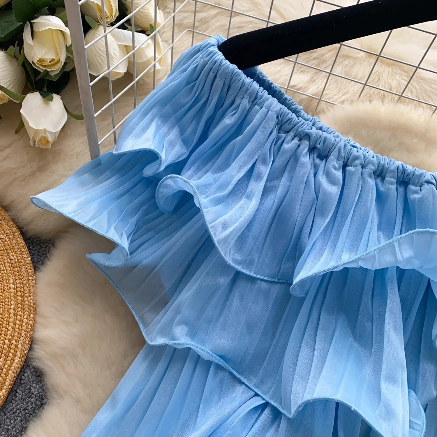 New Summer Sweet Chic Slash Neck Folded Ruffles Chiffon Shirt Women's Sexy Sleeveless Black White Short Blouses Pullover Tops