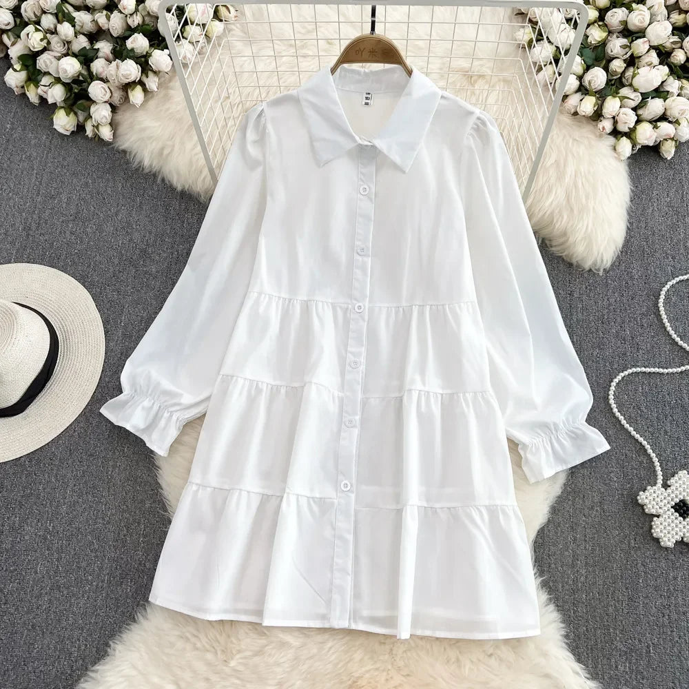 Two-piece Set White Shirt + Denim Vest Autumn 2024 Retro Long Sleeved Single Breasted Shirt Dress