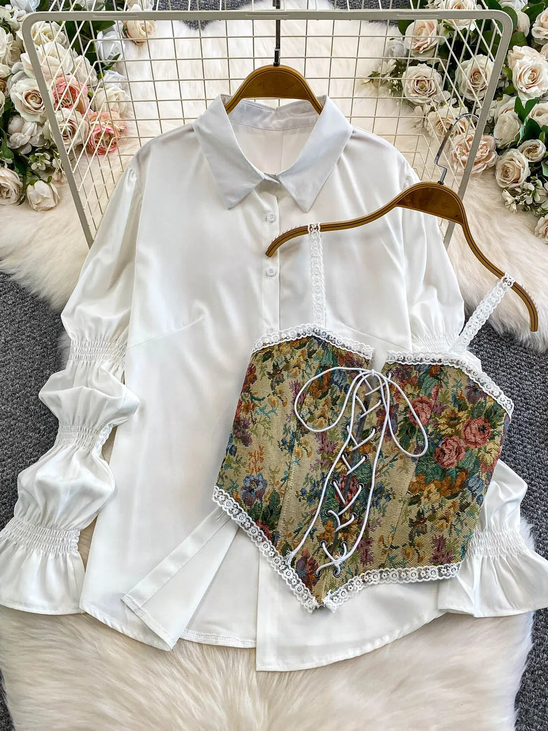 Retro Lace Patchwork Bouffant Sve Slimming Belted Sweet Sle Lantern Sve irt Set Women's Casual Faion Top