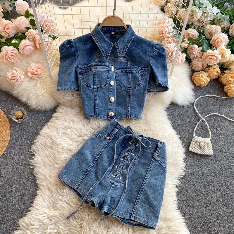 American vintage denim two - piece sets for women feature polo collars, hollow - out tops, and high waistband bandage hot shorts. - MODE SEPHRA