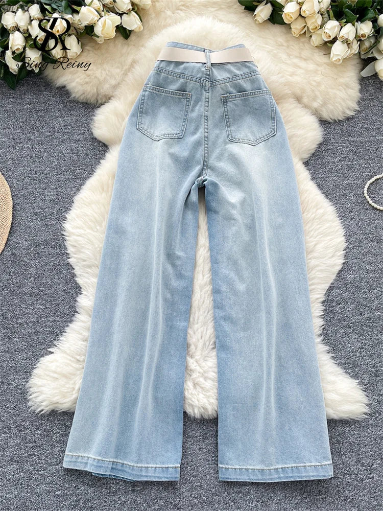 SINGREINY Fashion Korean Casual Long Pants Female High Waist Hole Lace Splice Denim Trousers Streetwear Loose Wide Legs Jeans