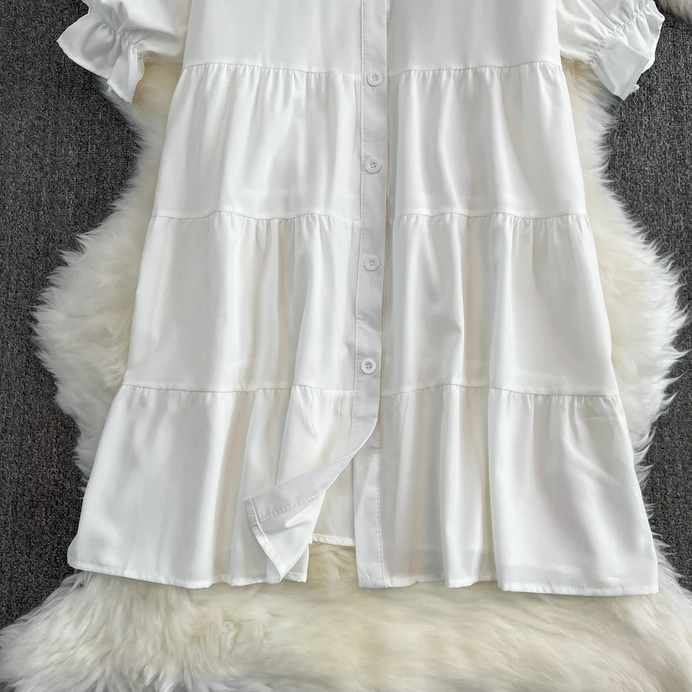 Summer Women's White Shirt Dresses Denim Vest Top Short Sleeve Turn Down Collar Single-breasted A-line Dress Two Piece Set