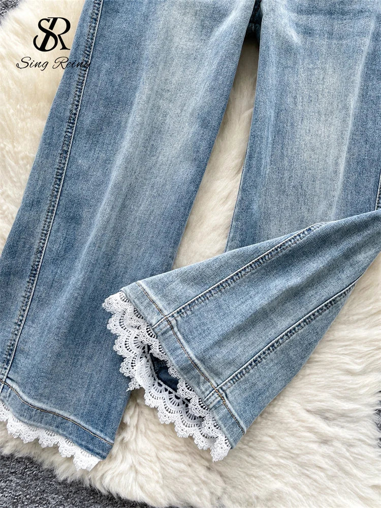SINGREINY American Retro Denim Pants Women's Pockets Chic Casual Wide Legs Trousers Autumn Fashion High Waist Lace Splice Jeans