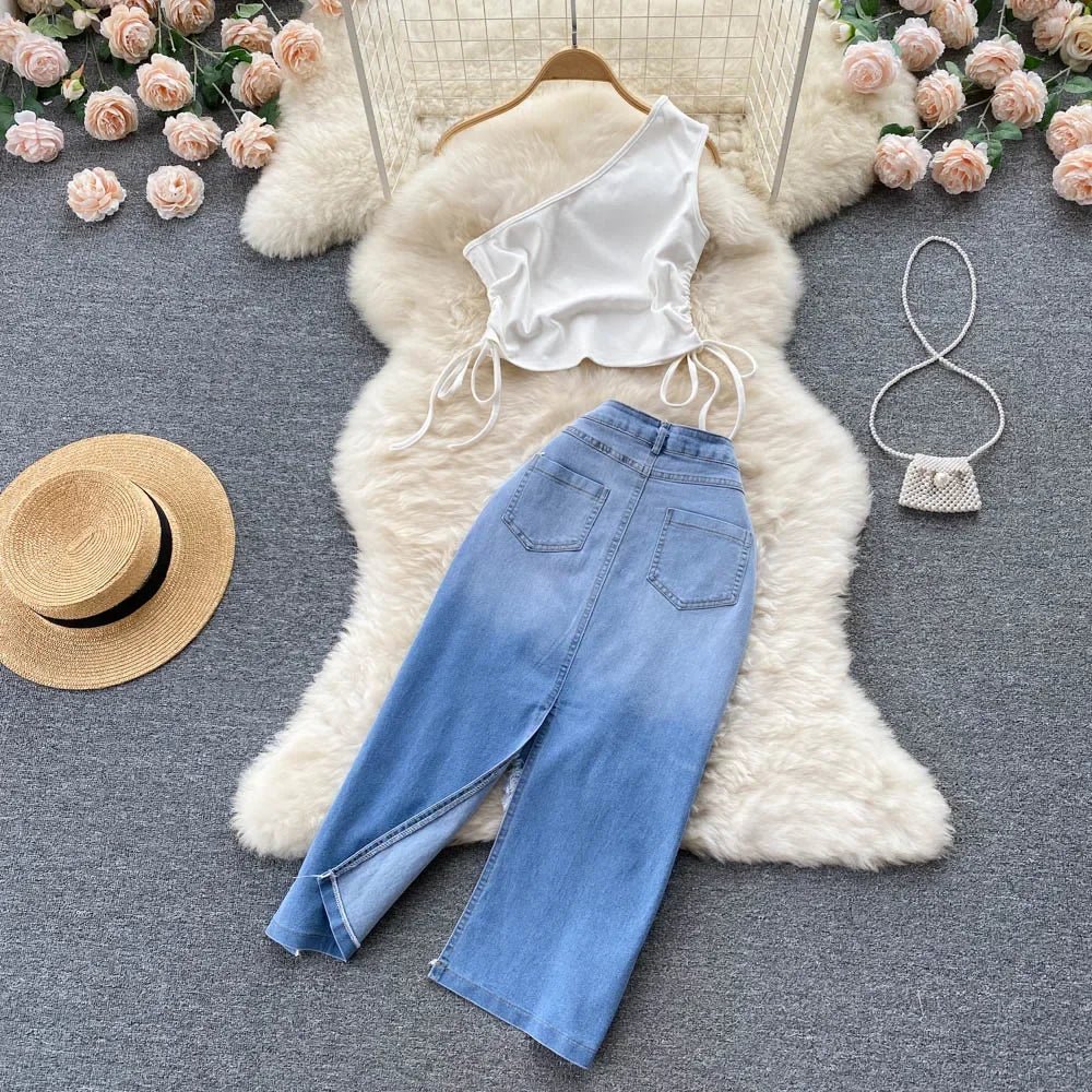 E-Girls Summer Two Piece Set: Femme Pleated Lace Up Oblique Shoulder Tank Top with Irregular Raw Edge Split Denim Half Skirt