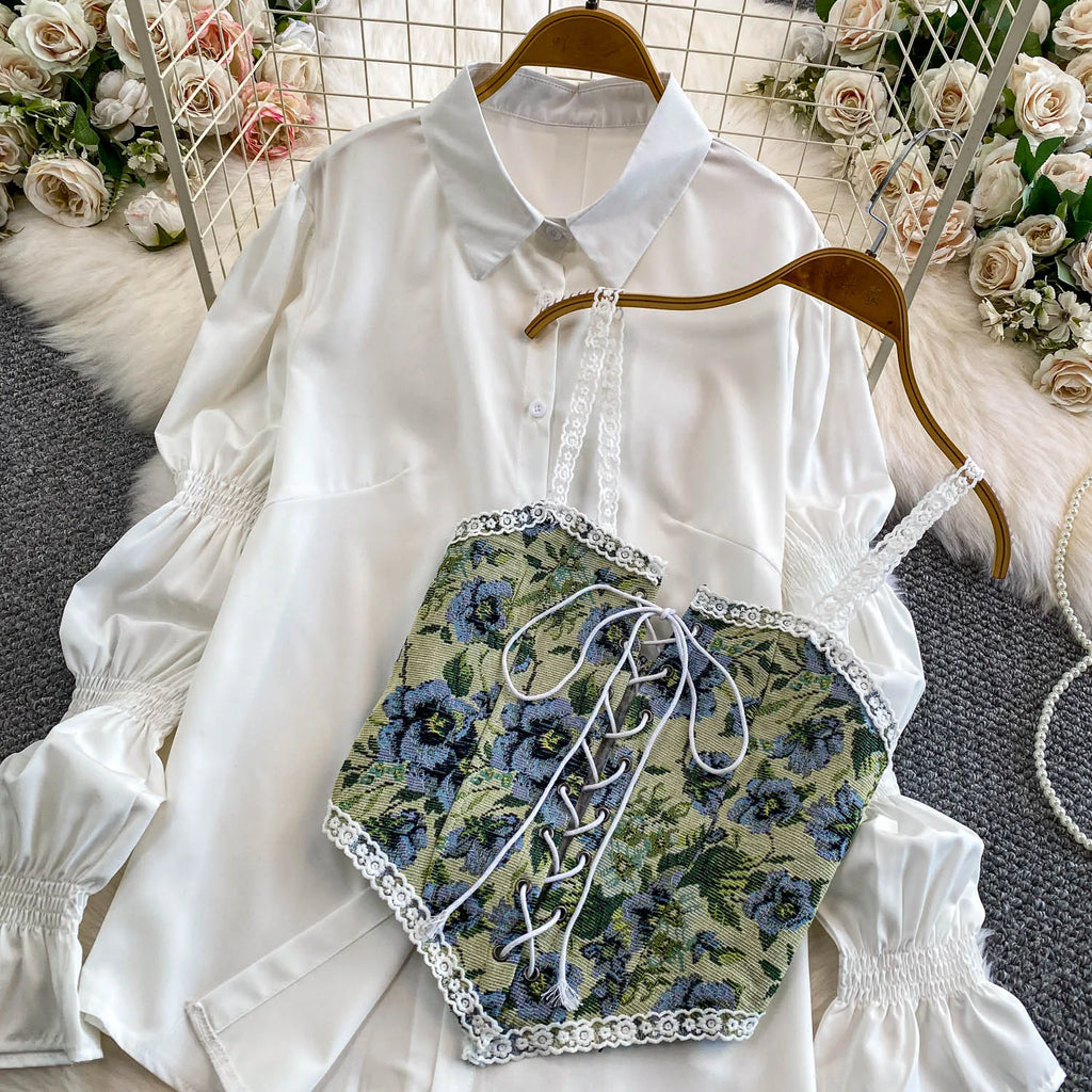 Retro Lace Patchwork Bell Sve irt Set Sweet Sle Slimming Waist Design Strap Top Versatile Long Sve Printed Casual Wear