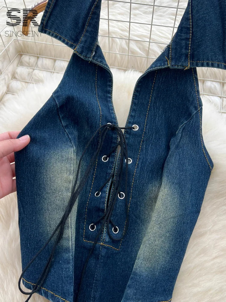 SINGREINY Women Retro Denim 2pcs Sets Halter Sleeveless Tops+Skinny Lace Up Design Jeans Female Gradient Streetwear Chic Outfits