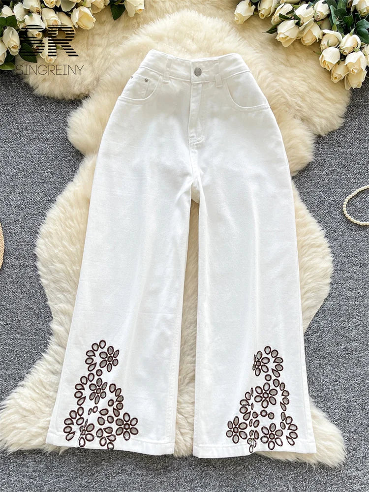 SINGREINY Ethnic Style Retro Jeans Ladies Zipper Embroidery Hollow Out Long Trousers 2025 Autumn Vacation Casual Wide Leg Pants