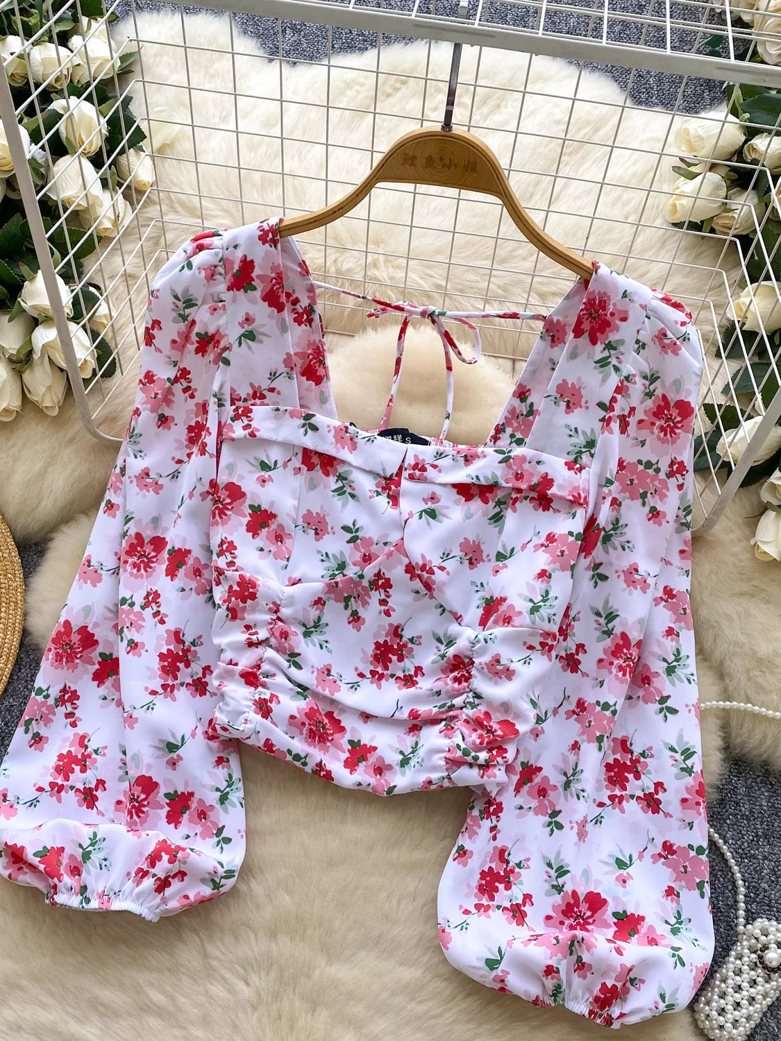 Ele Floral Print Bubble Sve Square Collar ort irt Women's Summer Tie Waist Retro Spicy Girl Beautiful Top Trendy