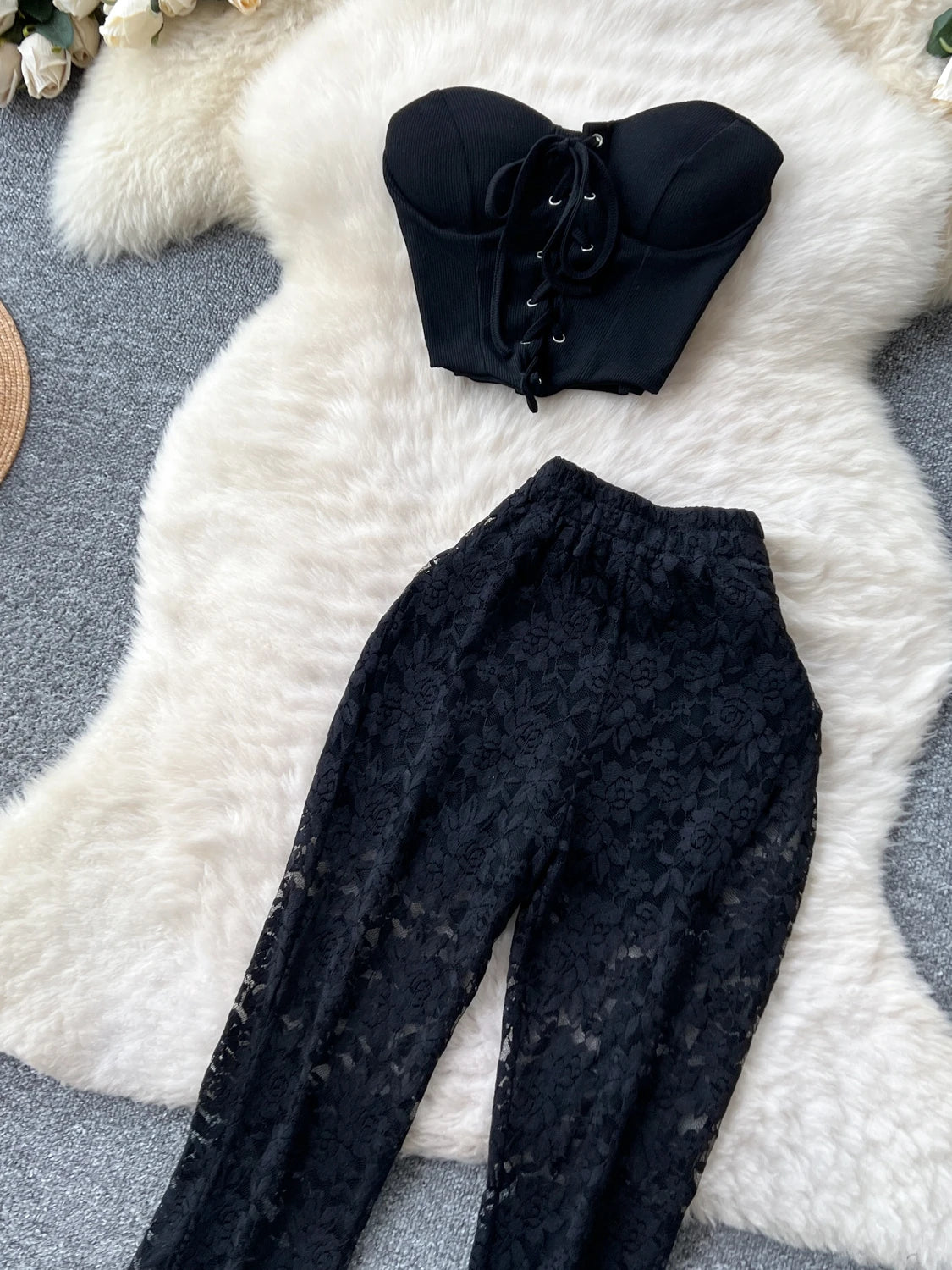 Women's Slim Fit Lace Casual Pants Tie Design Svel Crop Top High Waist Butt Covering Summer Faion Set Two Pieces