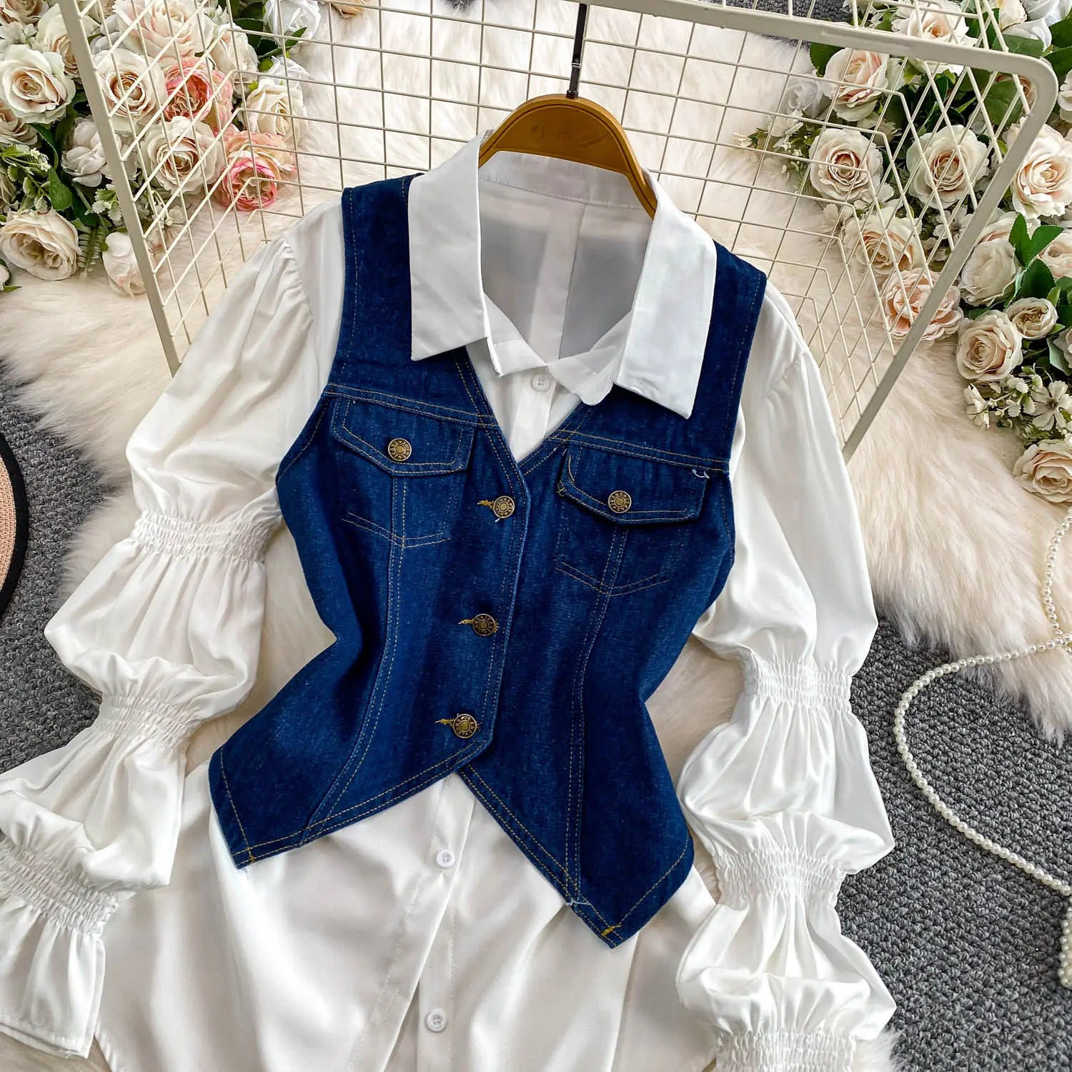 SuperAen Korean Style Office Lady Loose Lantern Sleeve Shirt Single-breasted V-neck Vest Denim Jacket Two-piece Sets