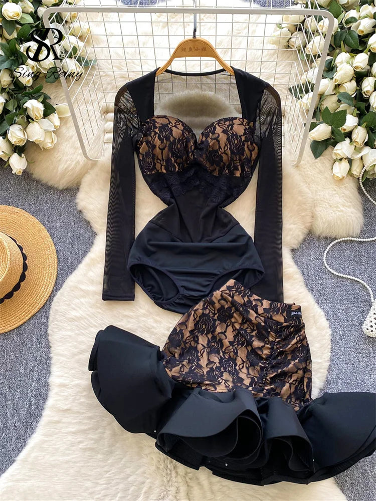 SINGREINY Sexy Floral Lace Suit Mesh Sheer Slim Bodysuit+Ruffles Mini Mermaid Skirt Ladies Retro Luxury Ball Party 2 Pieces Sets