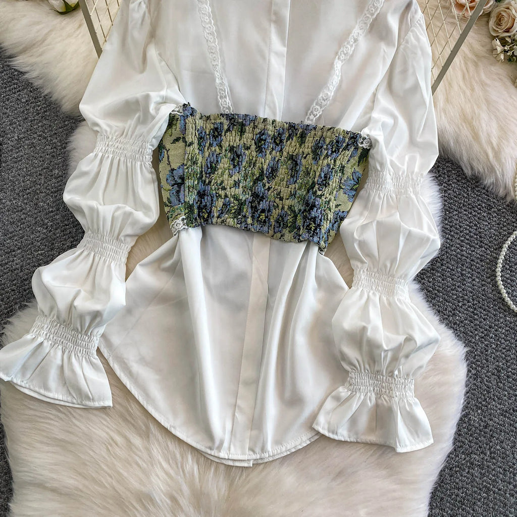 Retro Lace Patchwork Bell Sve irt Set Sweet Sle Slimming Waist Design Strap Top Versatile Long Sve Printed Casual Wear