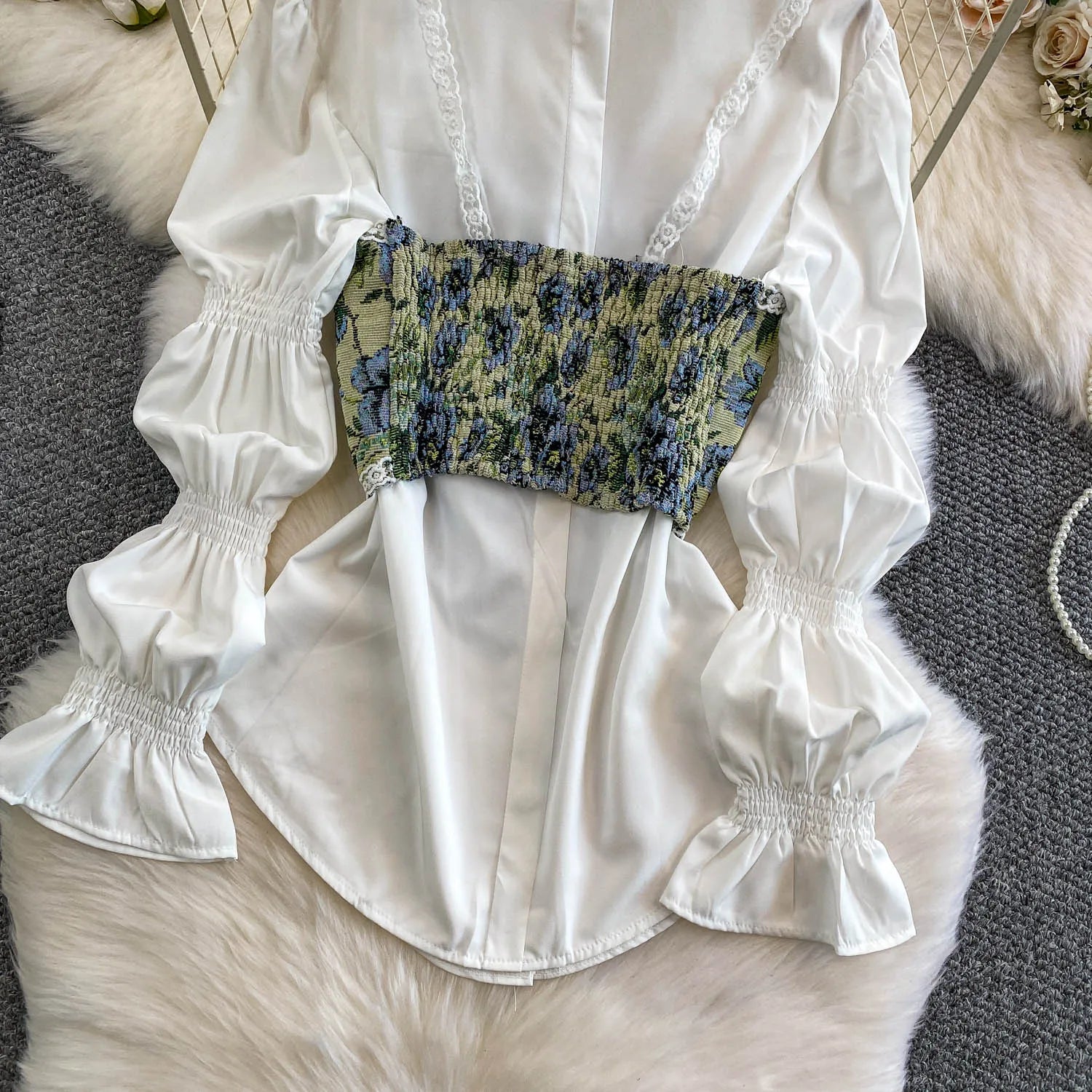 Retro Lace Patchwork Bell Sve irt Set Sweet Sle Slimming Waist Design Strap Top Versatile Long Sve Printed Casual Wear