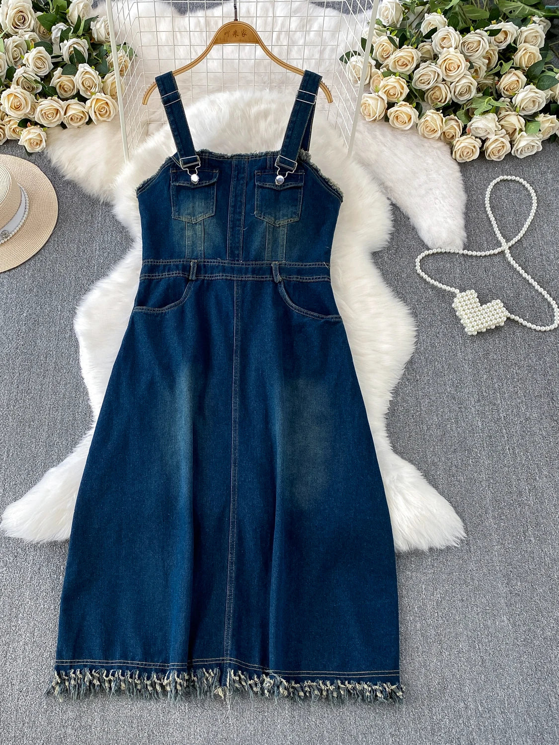 Hong Kong Sle Adjustable Strap Denim Dr Women's Autumn Winter Long Tassel Skirt High Waist A-Line Dr Casual Loose Fit