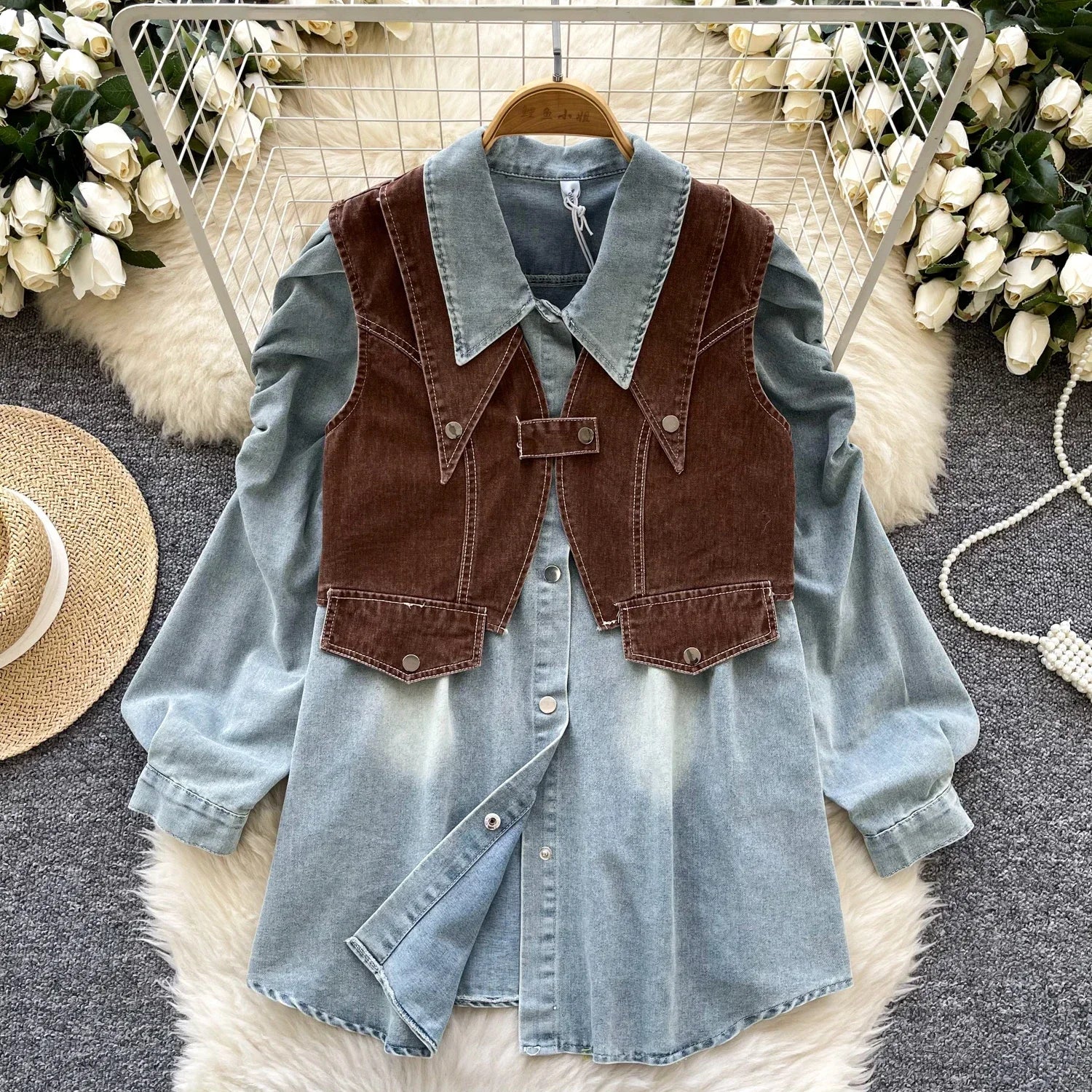 Denim Two Piece Sets Women's Clothing Gentle Suit Layered Outfit Buckle Vest Korean Fashionable Bubble Sleeve Shirts Wholesale