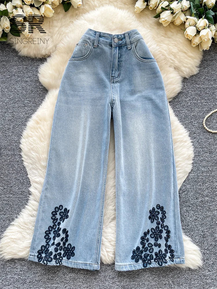 SINGREINY Ethnic Style Retro Jeans Ladies Zipper Embroidery Hollow Out Long Trousers 2025 Autumn Vacation Casual Wide Leg Pants