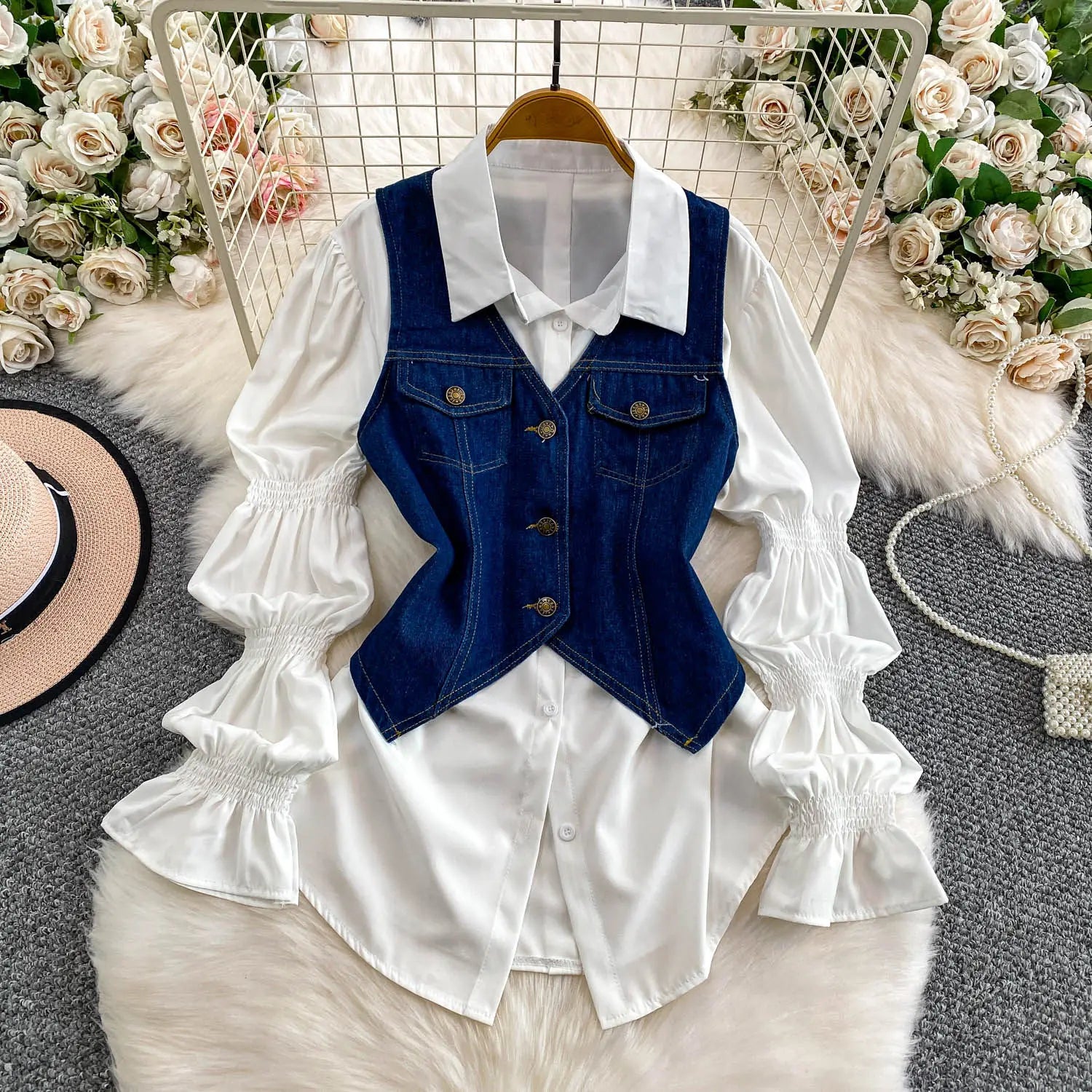 SuperAen Korean Style Office Lady Loose Lantern Sleeve Shirt Single-breasted V-neck Vest Denim Jacket Two-piece Sets