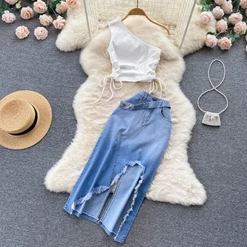 E-Girls Summer Two Piece Set: Femme Pleated Lace Up Oblique Shoulder Tank Top with Irregular Raw Edge Split Denim Half Skirt
