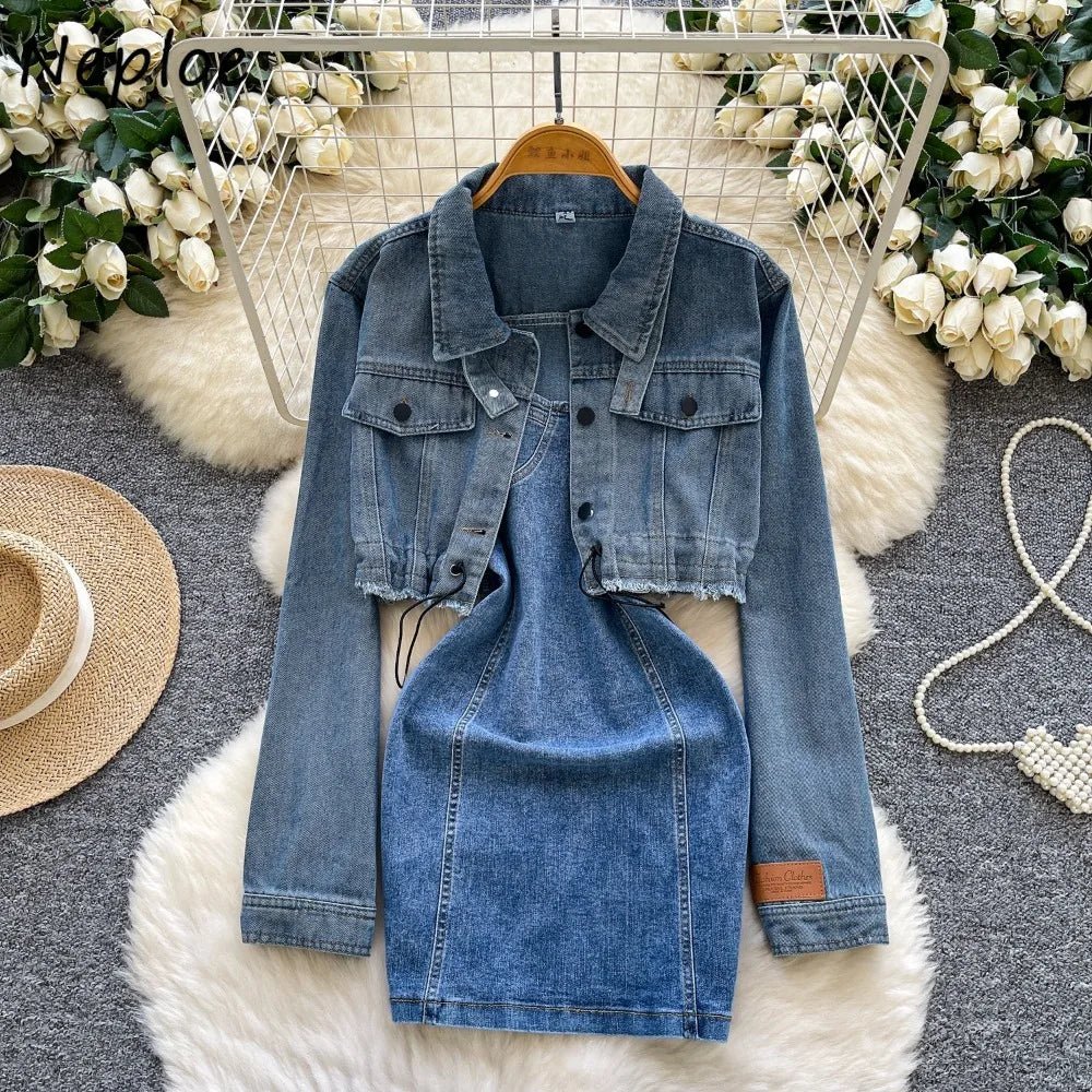 Chic denim two-piece set, including a slim-fit short cardigan and a simple casual office lady vintage suit dress.