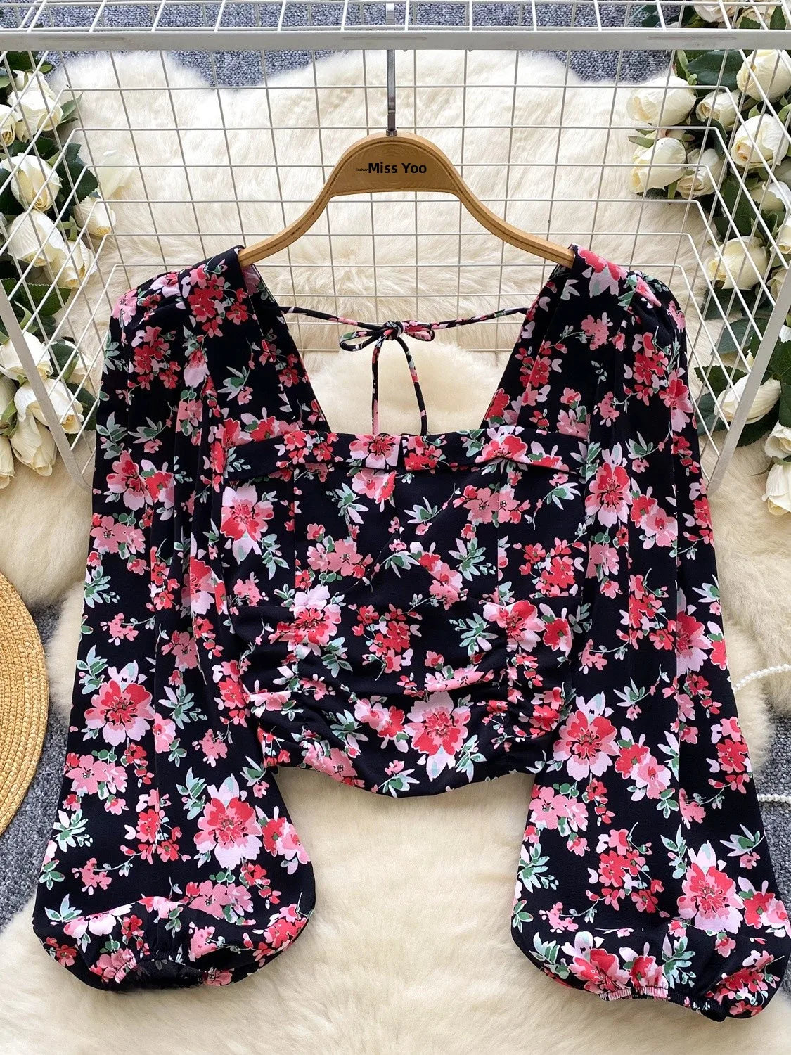 Ele Floral Print Bubble Sve Square Collar ort irt Women's Summer Tie Waist Retro Spicy Girl Beautiful Top Trendy