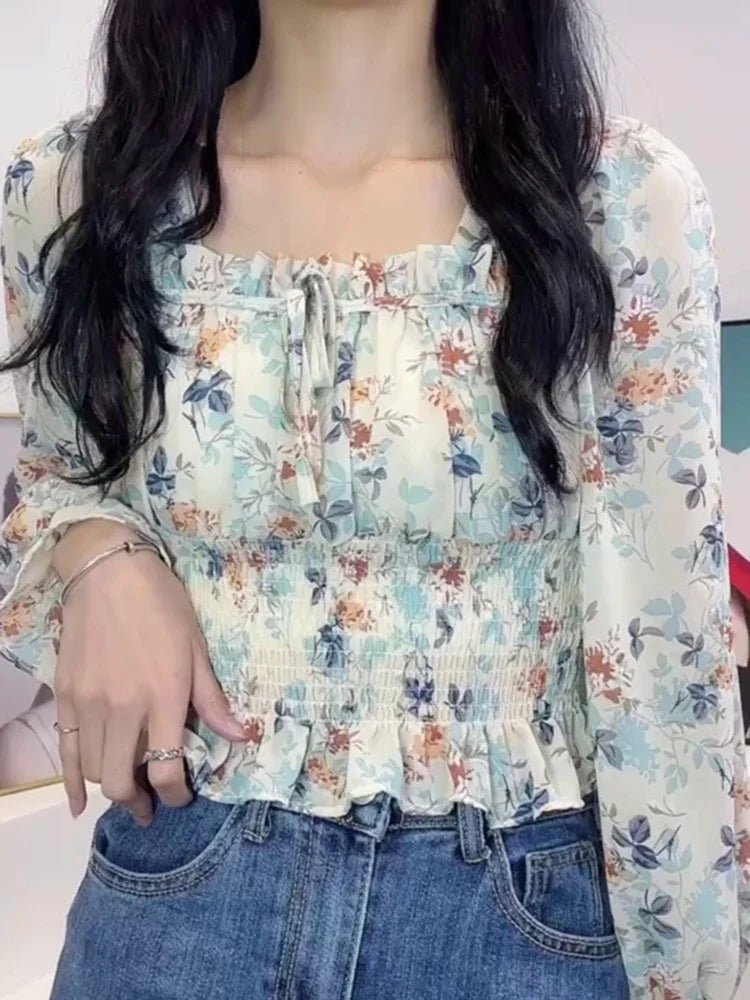 Women Spring Korean Version of The Retro Square Neck Puff Sleeve Lotus Leaf Floral Chiffon Short Blouse Tops Female D0749