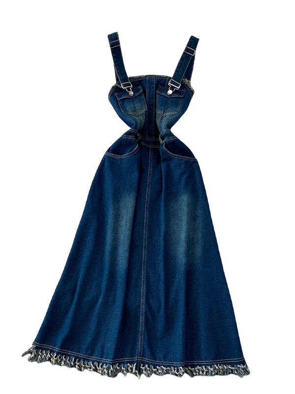 Hong Kong Sle Adjustable Strap Denim Dr Women's Autumn Winter Long Tassel Skirt High Waist A-Line Dr Casual Loose Fit