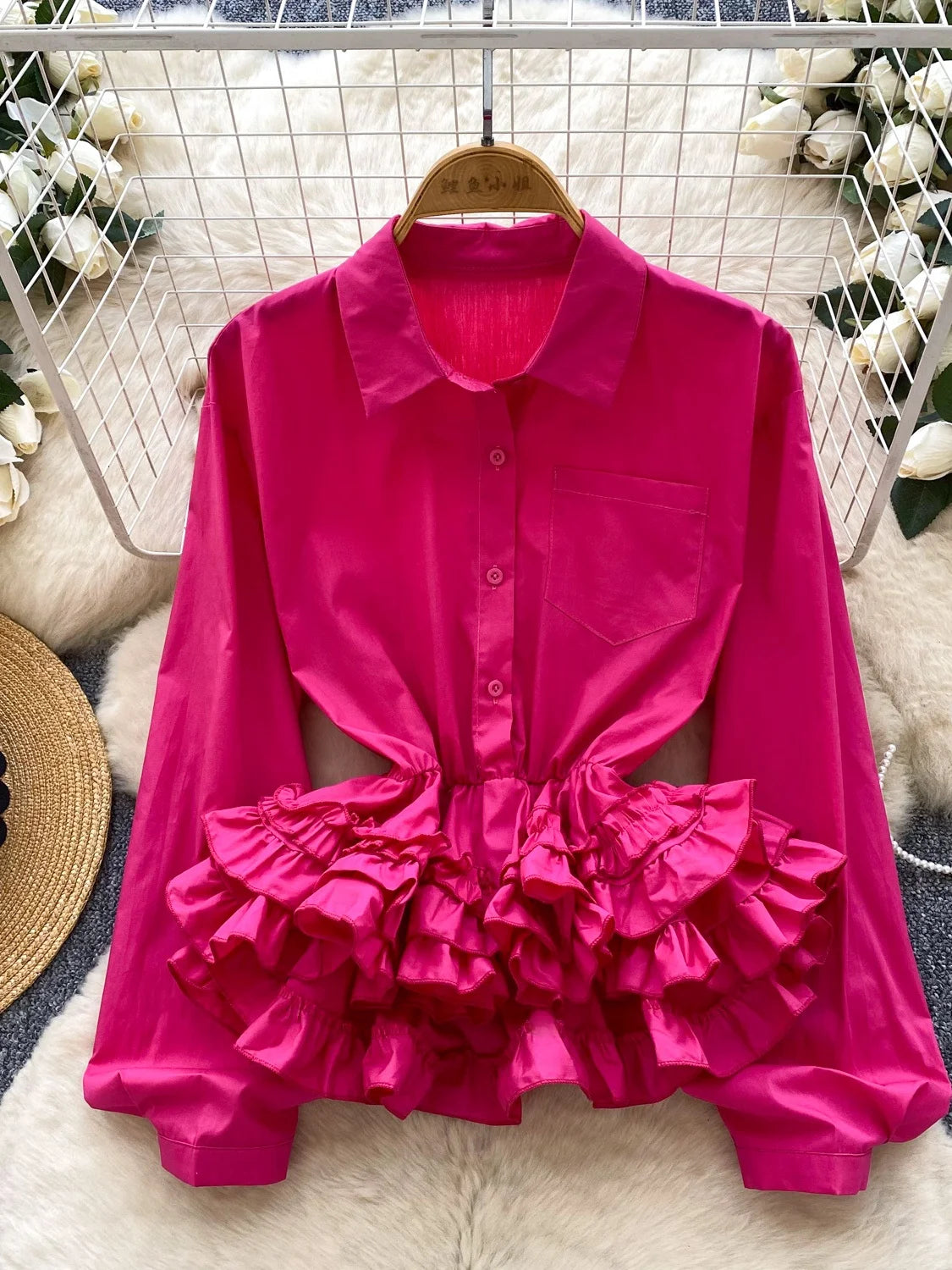 Ele Long Sve irt Women's Faionable Gathered Waist Lace Trim Top Luxury Sensation Spring Autumn Seasonal Lightweight