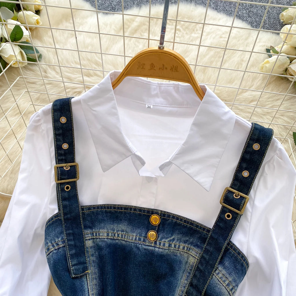 Spring Autumn Commute Sle Women's Faion Slimming Two-Piece Set High Waist Denim Belted Top Bot Ensemble Office Ready