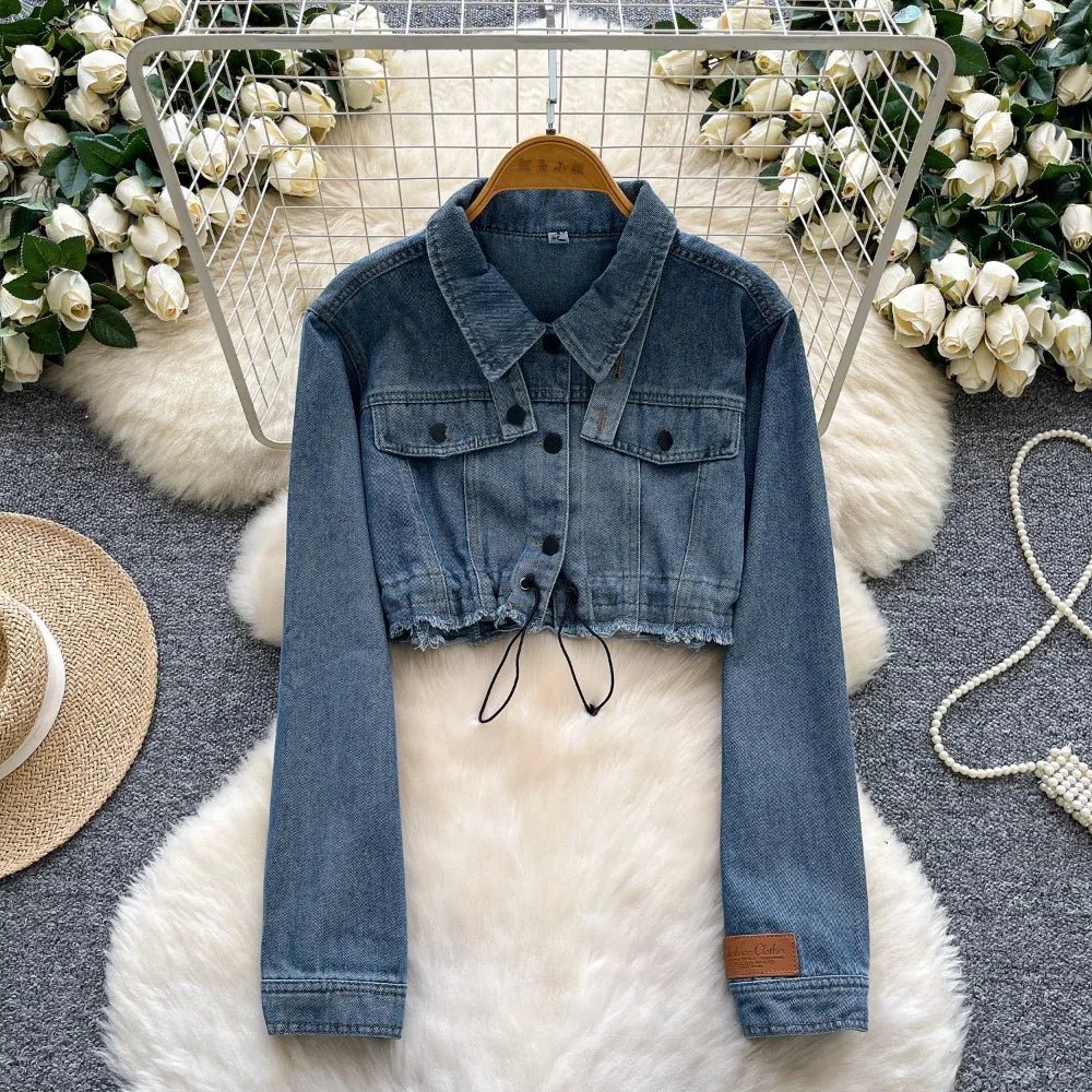 Chic denim two-piece set, including a slim-fit short cardigan and a simple casual office lady vintage suit dress.