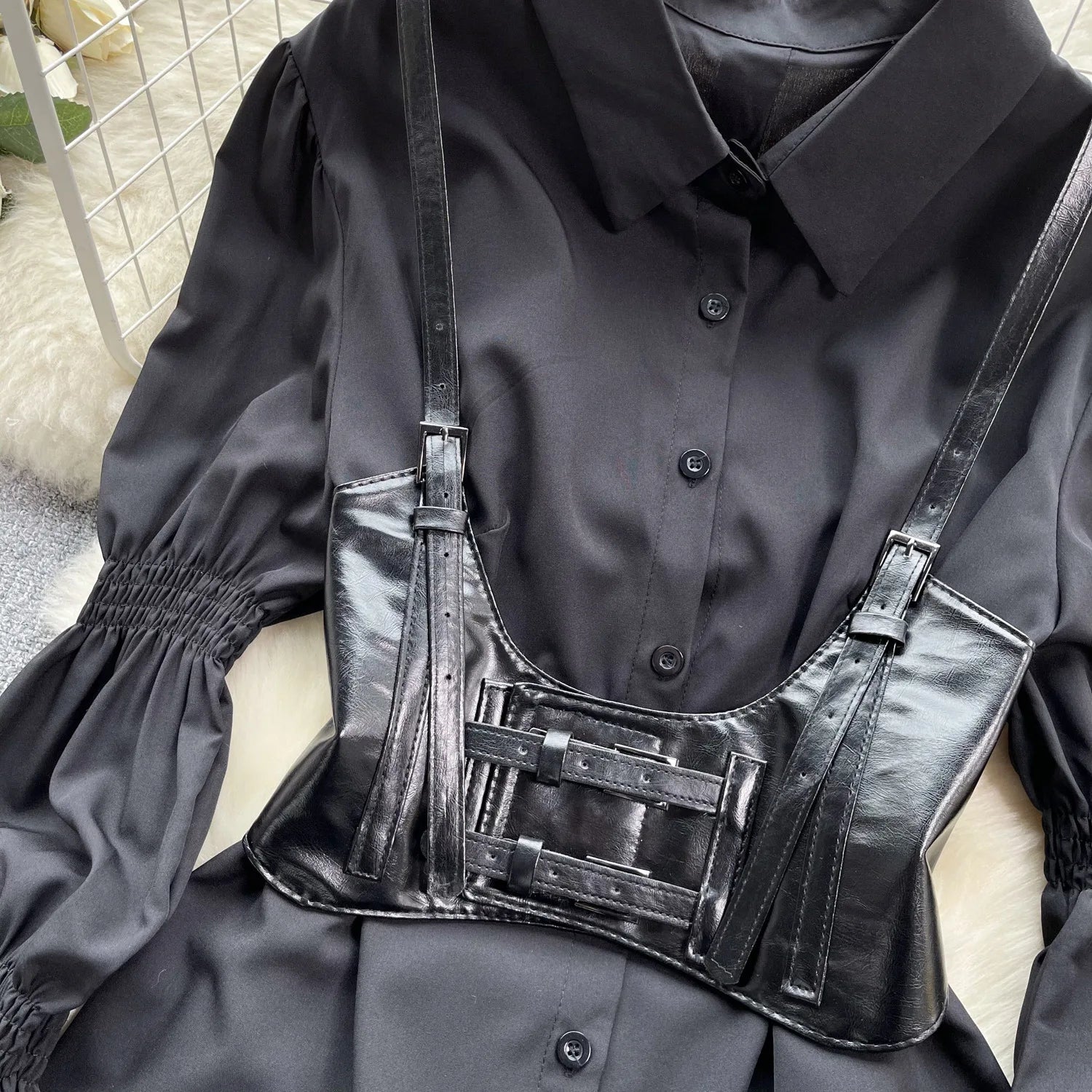 EINY Elegant T-Shirts for Women Turn-Down Collar Lapel Long Lantern Sleeve Skinny Top PU Leather Straps Waistband Stacked 2PCS