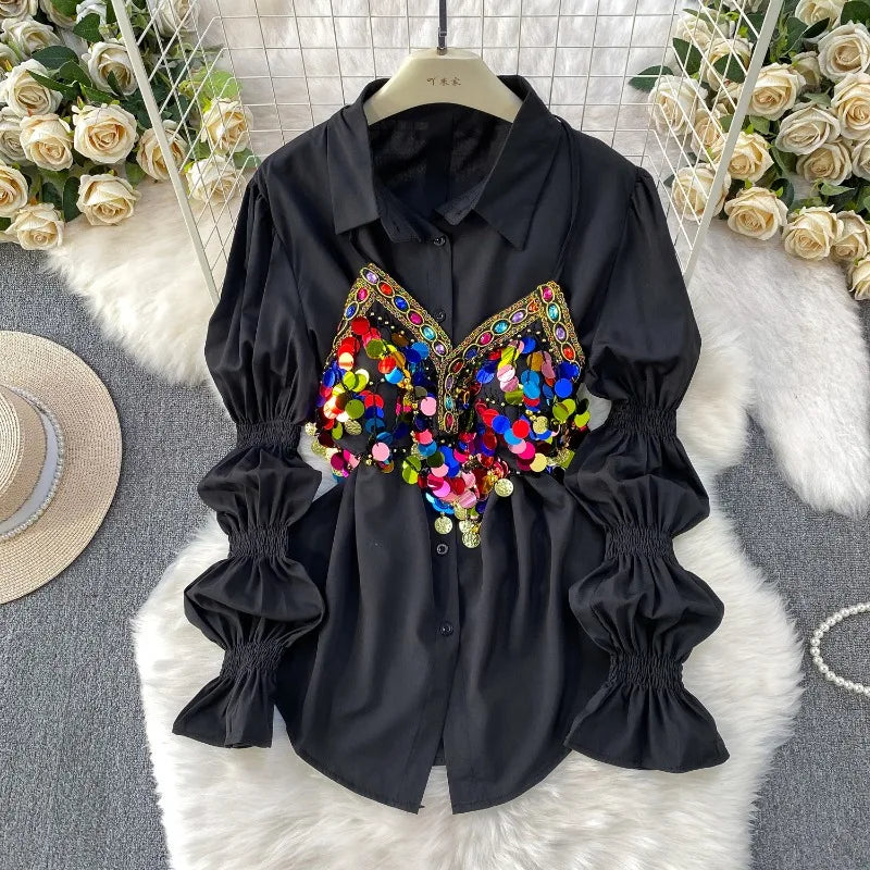 2 Piece Sets 2026 Women's Clothing Heavy Sequin Sking Vest Lantern Sleeve White Blouses Outfits Roupas Femme Chic Korean Suit