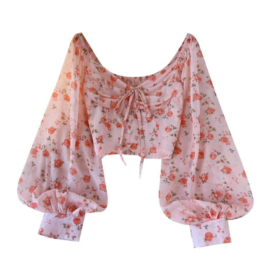 Chiffon Women Blouse New Arrival Bare Midriff Long Puff Sleeve Floral Print Lace Up Skinny Blusa Autumn Versatile Tops Dropship