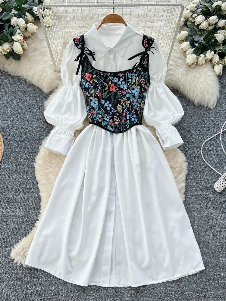 Women's Lantern Sve irt And Belted Vest Two-Piece Set Slimming Faion Autumn Wear Casual Commute Sle High Waist