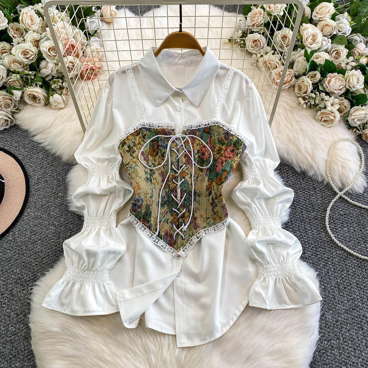 Retro Lace Patchwork Bouffant Sve Slimming Belted Sweet Sle Lantern Sve irt Set Women's Casual Faion Top