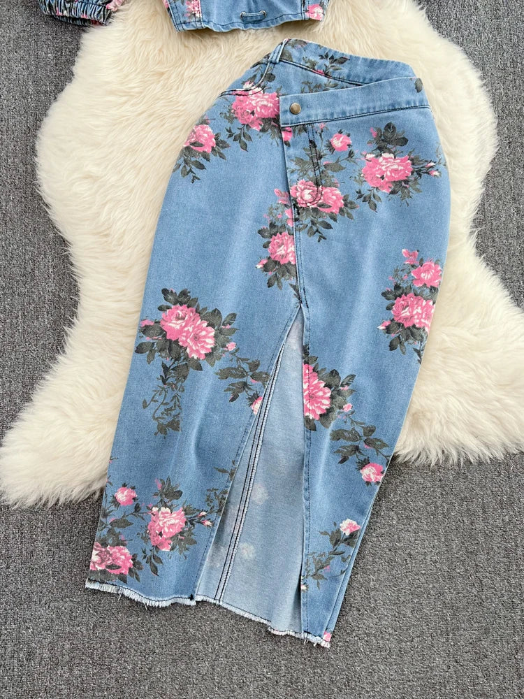 Women 2 Piece Set Denim Fashion Female Hot Girl Chic Sexy Sling Top High Waist Irregular Split Skirt Summer Lady Suit