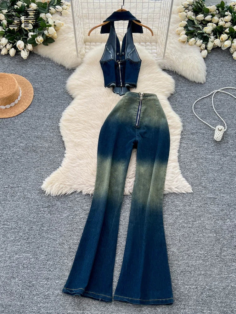 SINGREINY Women Retro Denim 2pcs Sets Halter Sleeveless Tops+Skinny Lace Up Design Jeans Female Gradient Streetwear Chic Outfits