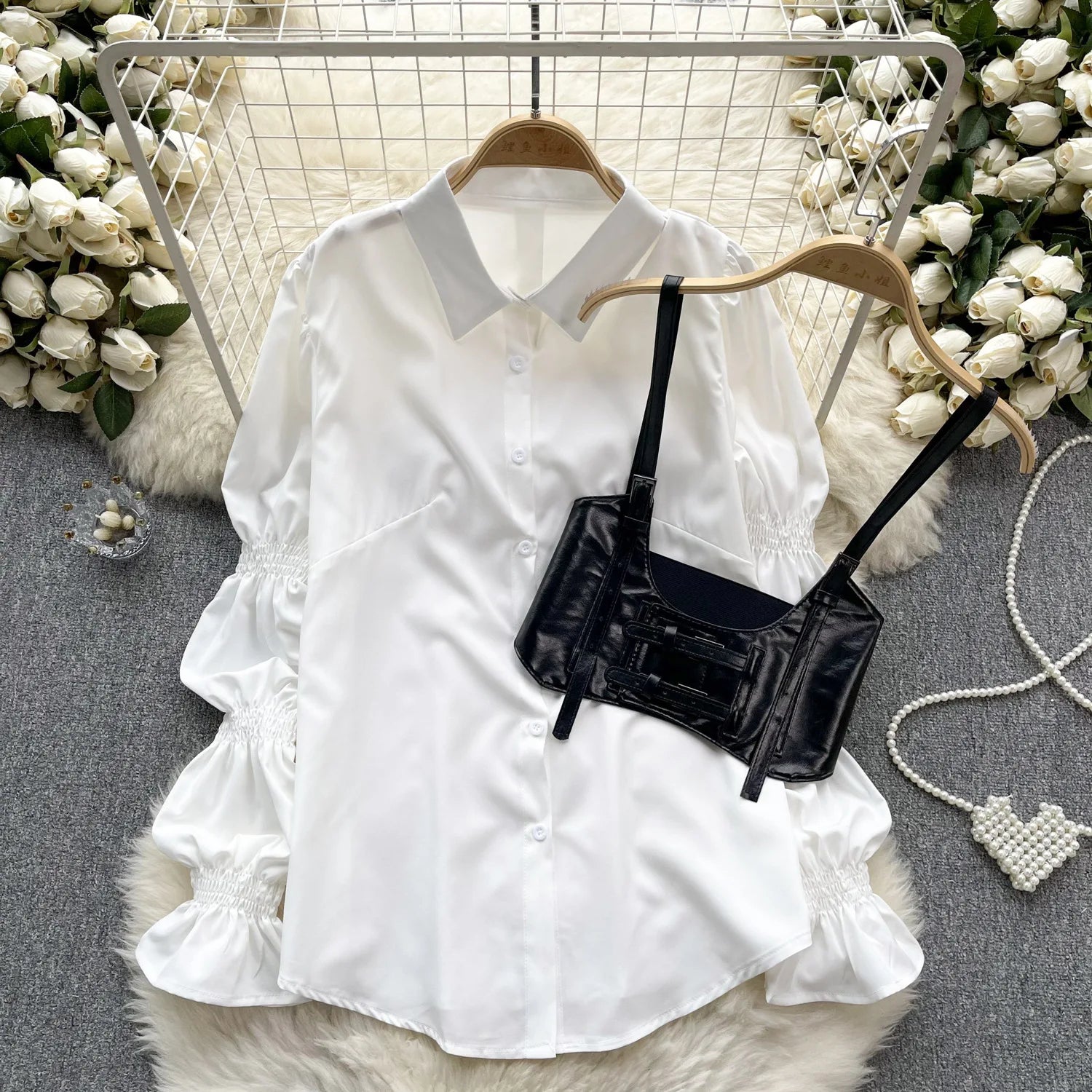 EINY Elegant T-Shirts for Women Turn-Down Collar Lapel Long Lantern Sleeve Skinny Top PU Leather Straps Waistband Stacked 2PCS