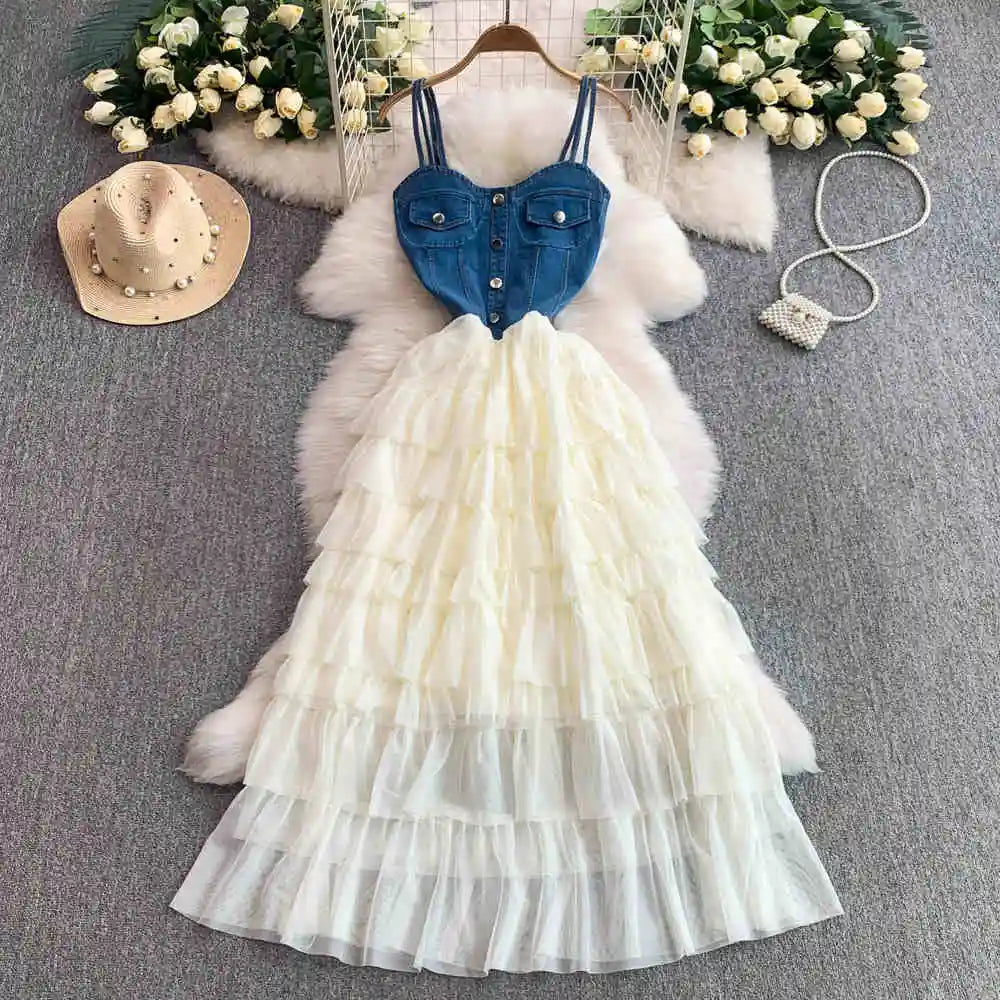 Fashion Denim Mesh Splicing Slip Dress Summer Women's High Waist Slimming A-line Beach Long Dresses Chic Cake Vestidos