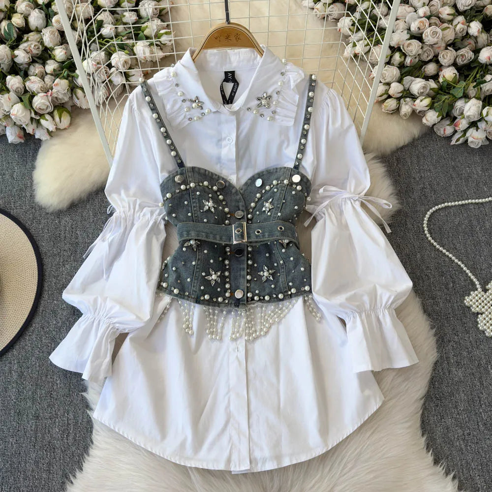 Women Winter Luxury Trendy 2pc Outfit Lady Gothic Punk Vintage Lolita Princess Sets Blouse Dress Denim Vest Motor Bike Lady Suit