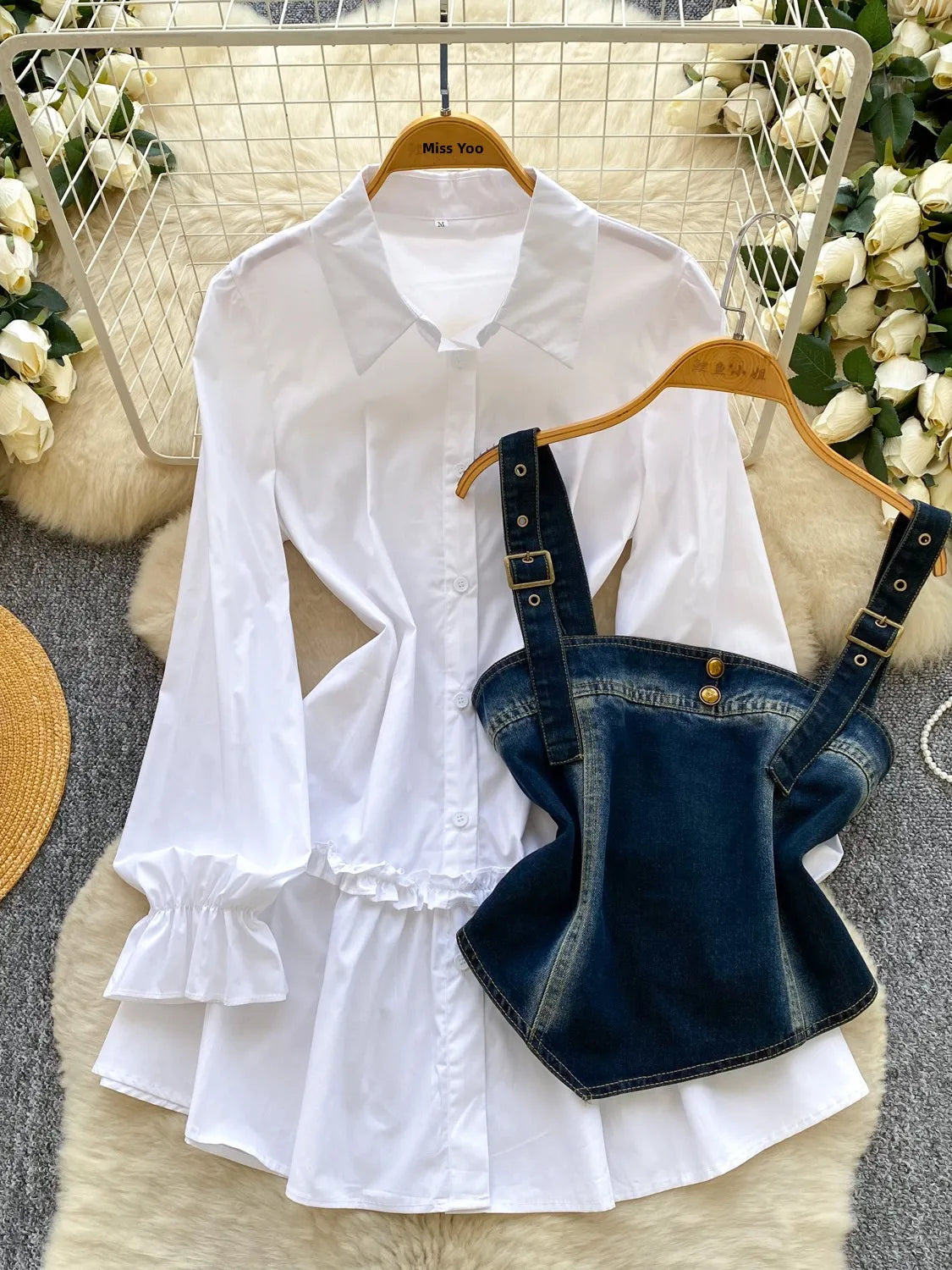 Spring Autumn Commute Sle Women's Faion Slimming Two-Piece Set High Waist Denim Belted Top Bot Ensemble Office Ready