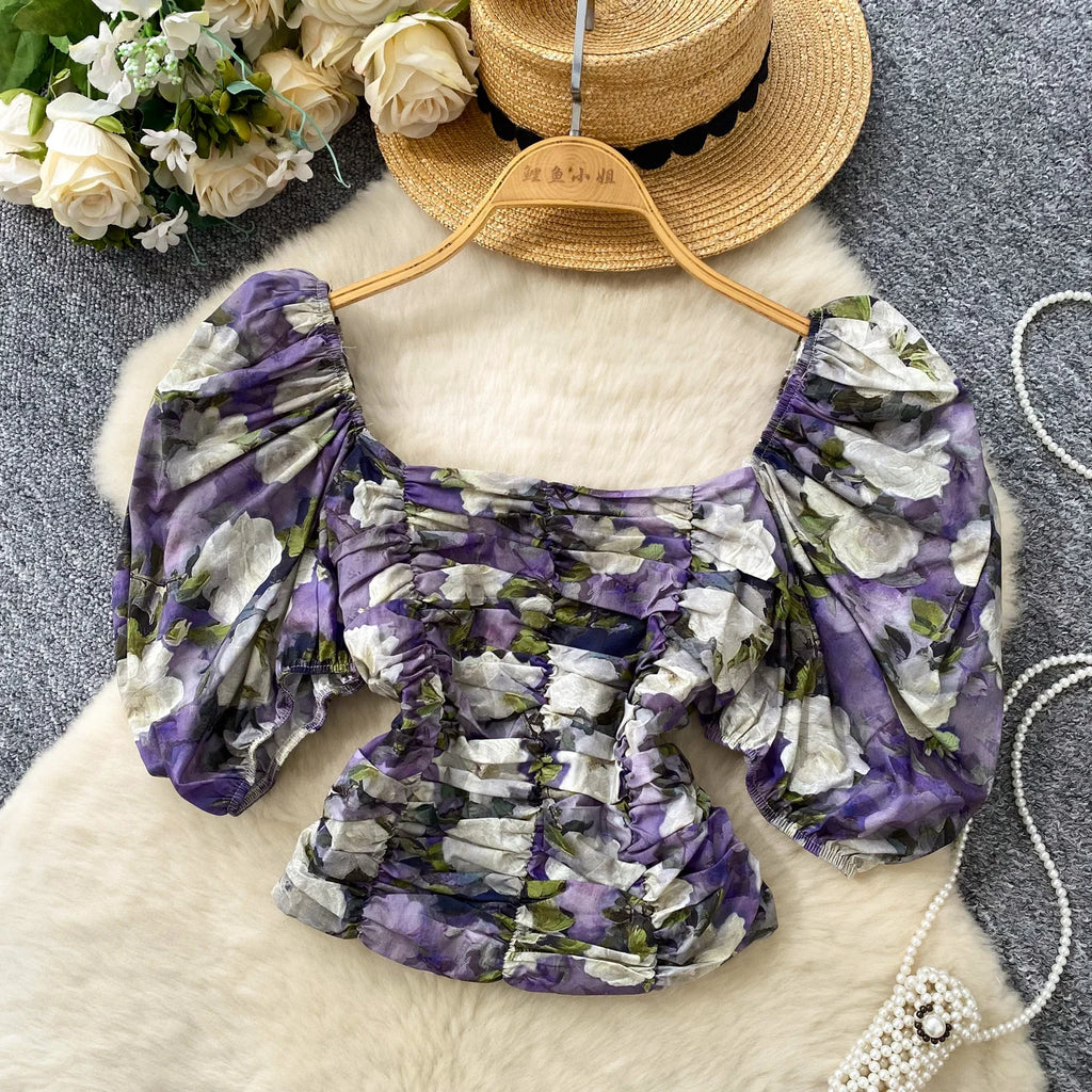 Blouses Fashion French Style Square Neck Bubble Sleeve Shirt Women Summer 2025 Pleated Waist Slim Fit Floral Top