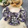 Blouses Fashion French Style Square Neck Bubble Sleeve Shirt Women Summer 2025 Pleated Waist Slim Fit Floral Top