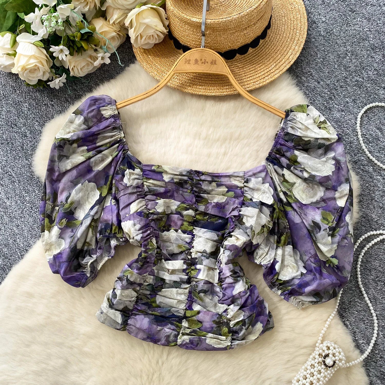 Blouses Fashion French Style Square Neck Bubble Sleeve Shirt Women Summer 2025 Pleated Waist Slim Fit Floral Top