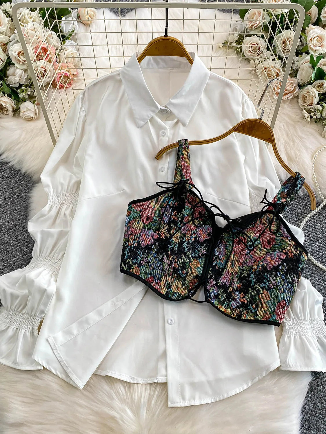 Retro Sle Slimming Lace irt with Belt And Lantern Sves Women's Casual Long Sve irt Floral Embroidery Patchwork